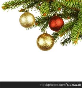 Christmas decoration on fir branch isolated on white background