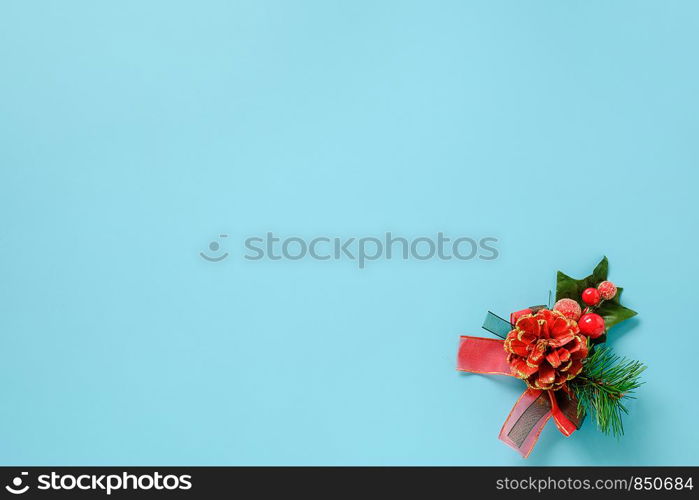 christmas decoration on green fir branch on blue background. Concept Merry christmas or Happy new year. Copy space Top view Flat lay Template for design, card, invitation.. christmas decoration on green fir branch on blue background. Concept Merry christmas or Happy new year. Copy space Top view Flat lay Template for design, card, invitation
