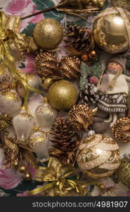 Christmas decoration on textile background top view