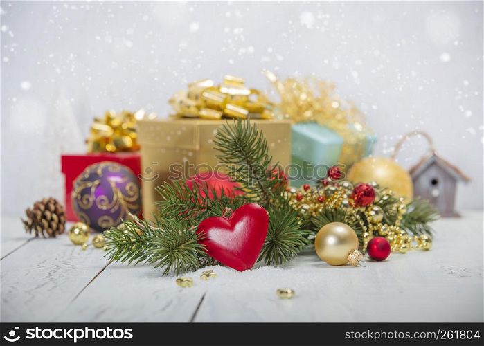 Christmas decoration on white rustic background. Christmas decoration on white rustic background, horizontal