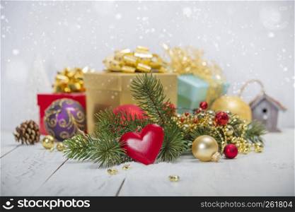 Christmas decoration on white rustic background. Christmas decoration on white rustic background, horizontal