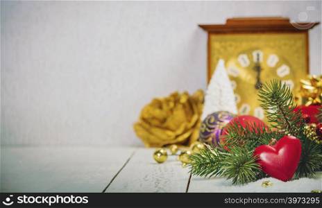 Christmas decoration on white rustic background. Christmas decoration on wooden background, space for text