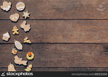 christmas decoration on wood background with copyspace.