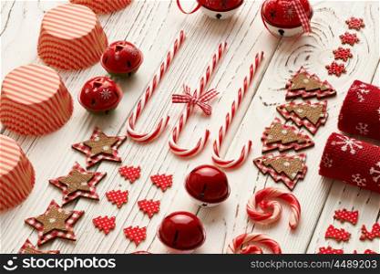 Christmas decoration on wooden background flat lay still life