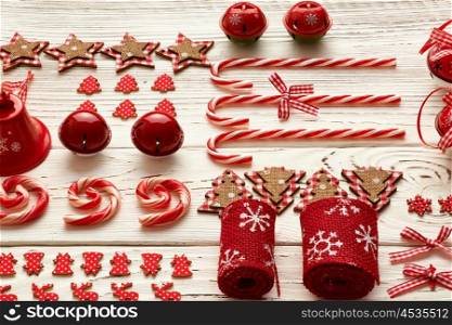 Christmas decoration on wooden background flat lay still life