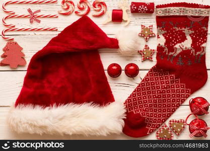 Christmas decoration on wooden background flat lay still life