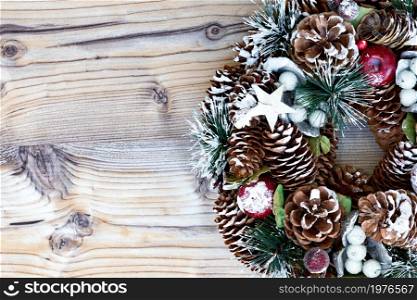 Christmas decoration on wooden background. Xmas and New Year theme.