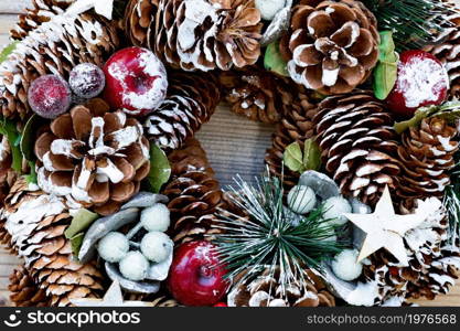 Christmas decoration on wooden background. Xmas and New Year theme.