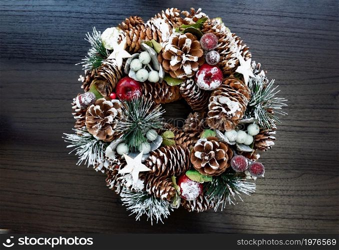 Christmas decoration on wooden background. Xmas and New Year theme.