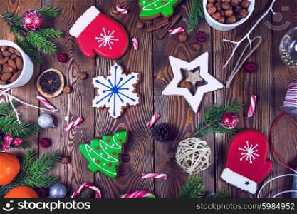 Christmas decoration over the dark wooden background