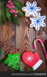 Christmas decoration over the dark wooden background