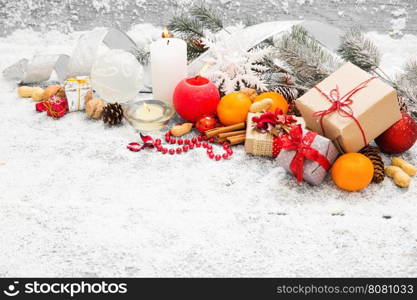 Christmas Decoration Over Wooden Background