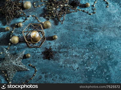 Christmas decoration stars, balls and candles. Festive lights