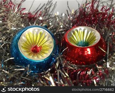 Christmas decoration. Tinsel and baubles for Christmas tree decoration
