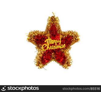 Christmas decoration toy star with Golden tinsel with the Merry Christmas inscription. Isolated on white background