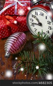 Christmas decoration with clock,fir toys and gifts