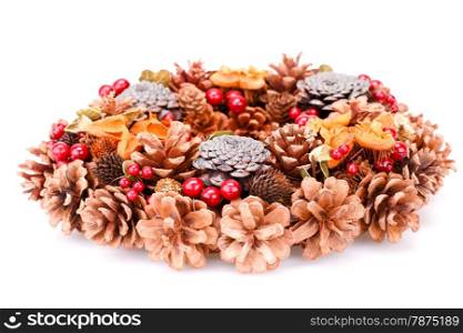 Christmas decoration with cones isolated on white background.