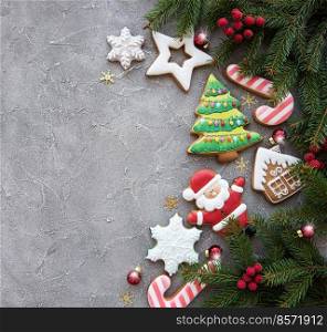 Christmas decoration with cookies on a concrete background