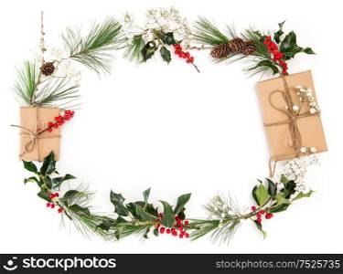 Christmas decoration with gifts, branches, cones on white background. Floral flat lay banner