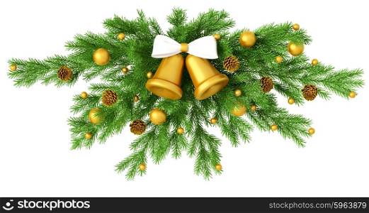 Christmas decoration with golden bells and white bow isolated 3d rendering