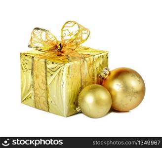 Christmas decoration with golden gift box and Christmas balls isolated on a white background