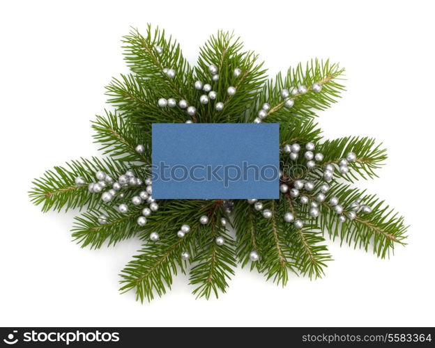 Christmas decoration with greeting card isolated on white background