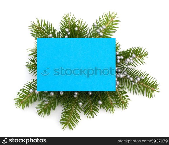 Christmas decoration with greeting card isolated on white background