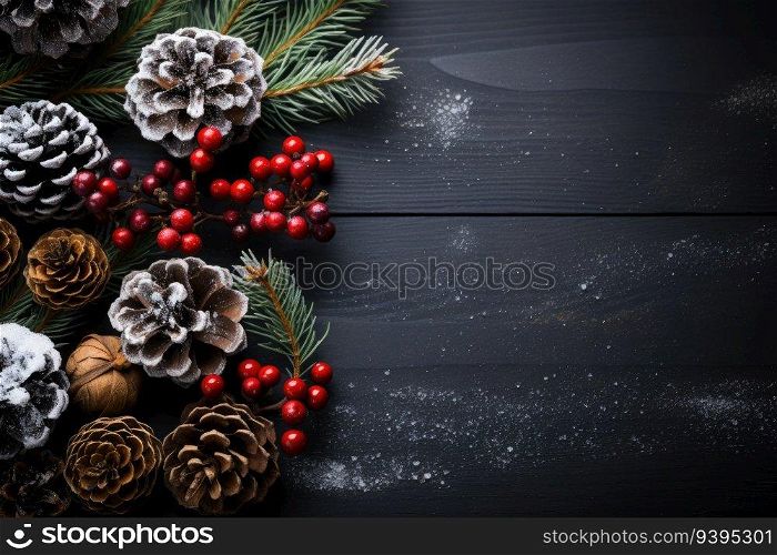 Christmas decoration with pine cones. Christmas background with space for text. Generative AI