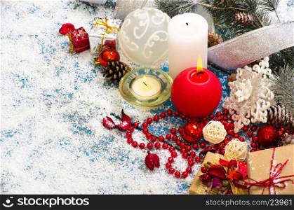 Christmas decoration with presents on wood board