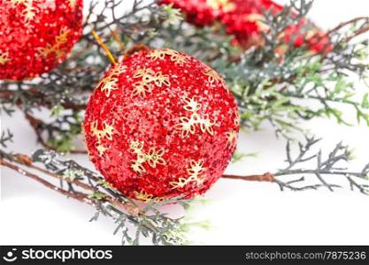 Christmas decoration with red balls isolated on white background.