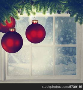 Christmas decorations against window, grungy holidays backgrounds