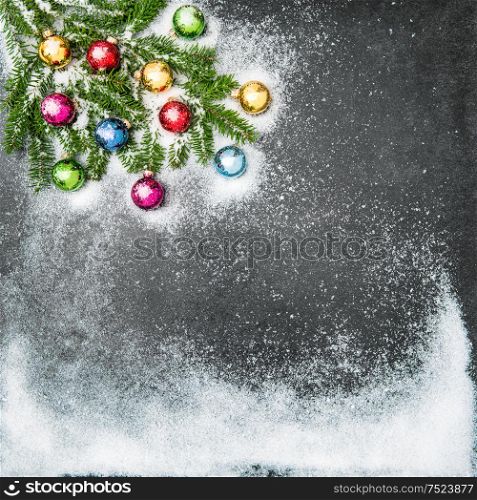 Christmas decorations and ornaments. Colorful baubles. Holidays background with snow