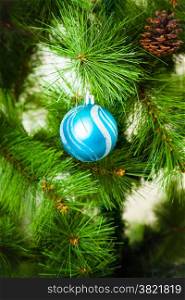 Christmas Decorations. Christmas tree branch with a blue ball