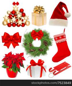 Christmas decorations collection. Set with stocking, gifts, wreath, sock, hat, sled, baubles, ribbon bow. Objects isolated on white background