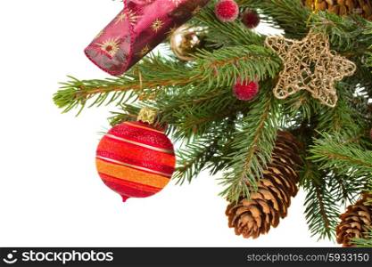 christmas decorations evergreen fir tree isolated on white background. christmas decorations on fir tree