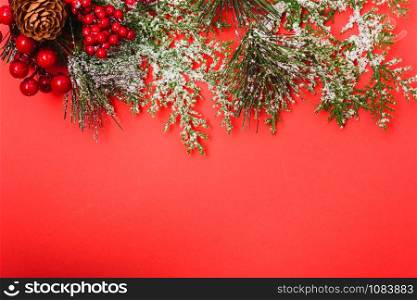 Christmas decorations, fir tree branches on red background. Merry Christmas concept. With Copy space for text