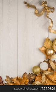 Christmas decorations frame on a wooden board.