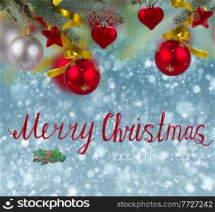 christmas decorations hanging on fir tree border on blue snow background with merry christmas greetings. christmas decorations border on  snow background