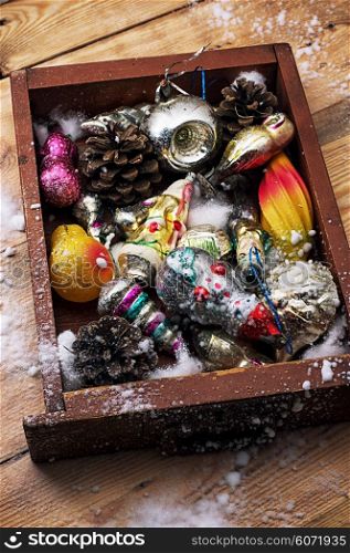 Christmas decorations in the old wooden box