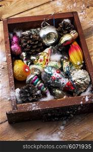 Christmas decorations in the old wooden box