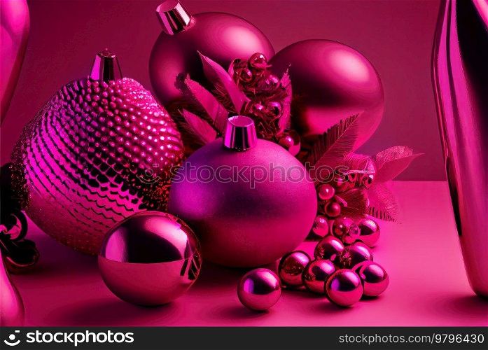 Christmas decorations in trending viva magenta colors. Christmas card in magenta