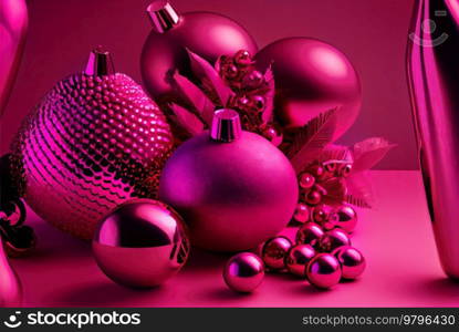Christmas decorations in trending viva magenta colors. Christmas card in magenta