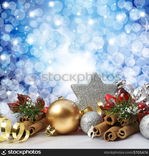 Christmas decorations on a background of snowflakes, stars and bokeh lights