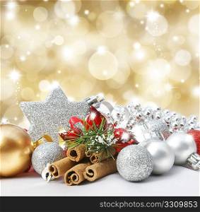 Christmas decorations on a glittery gold background