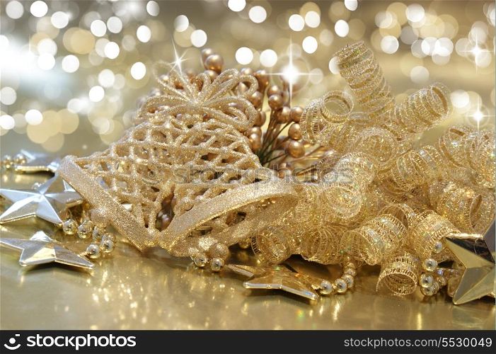 Christmas decorations on a gold bokeh light background