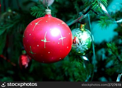 christmas decorations on fir - close-up view
