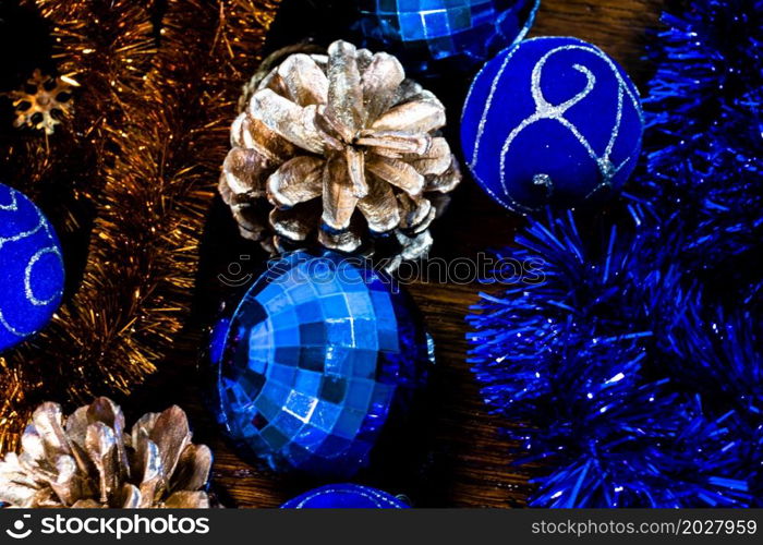 Christmas decorations on wooden board. Christmas concept. Colorful Christmas balls.