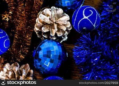 Christmas decorations on wooden board. Christmas concept. Colorful Christmas balls.