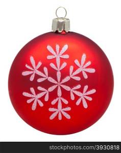 christmas decorations - red glass ball with painted snowflake isolated on white background