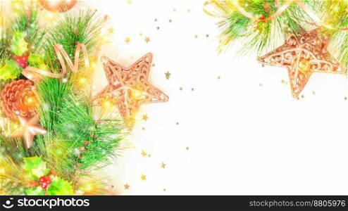 Christmas decorative border over white background, beautiful festive winter holidays ornament, golden toys on the evergreen tree branch, photo with copyspace, happy winter holidays